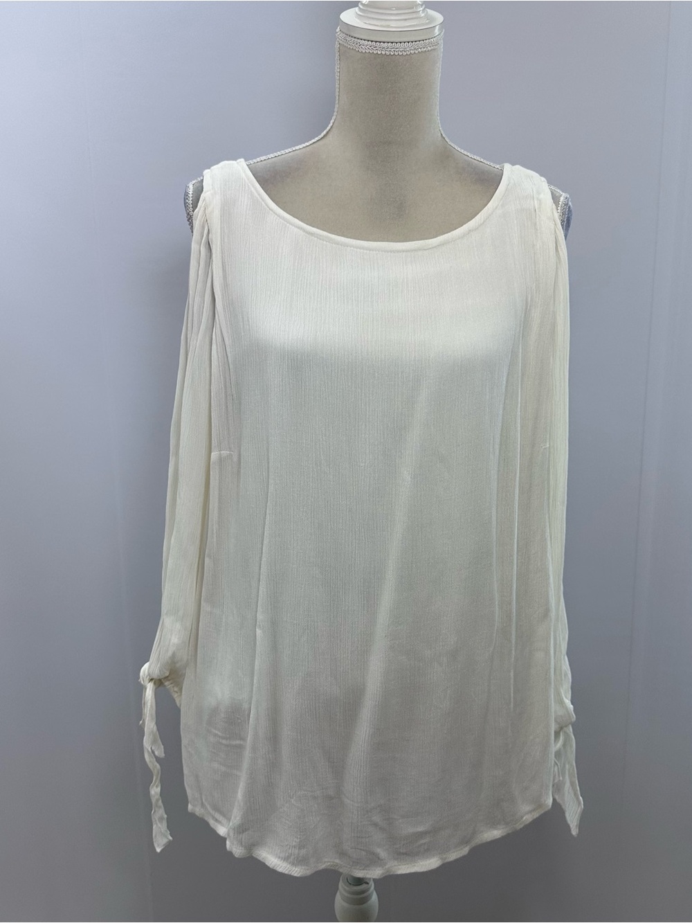 Soft Surroundings White Cold-Shoulder Tie Sleeve Blouse